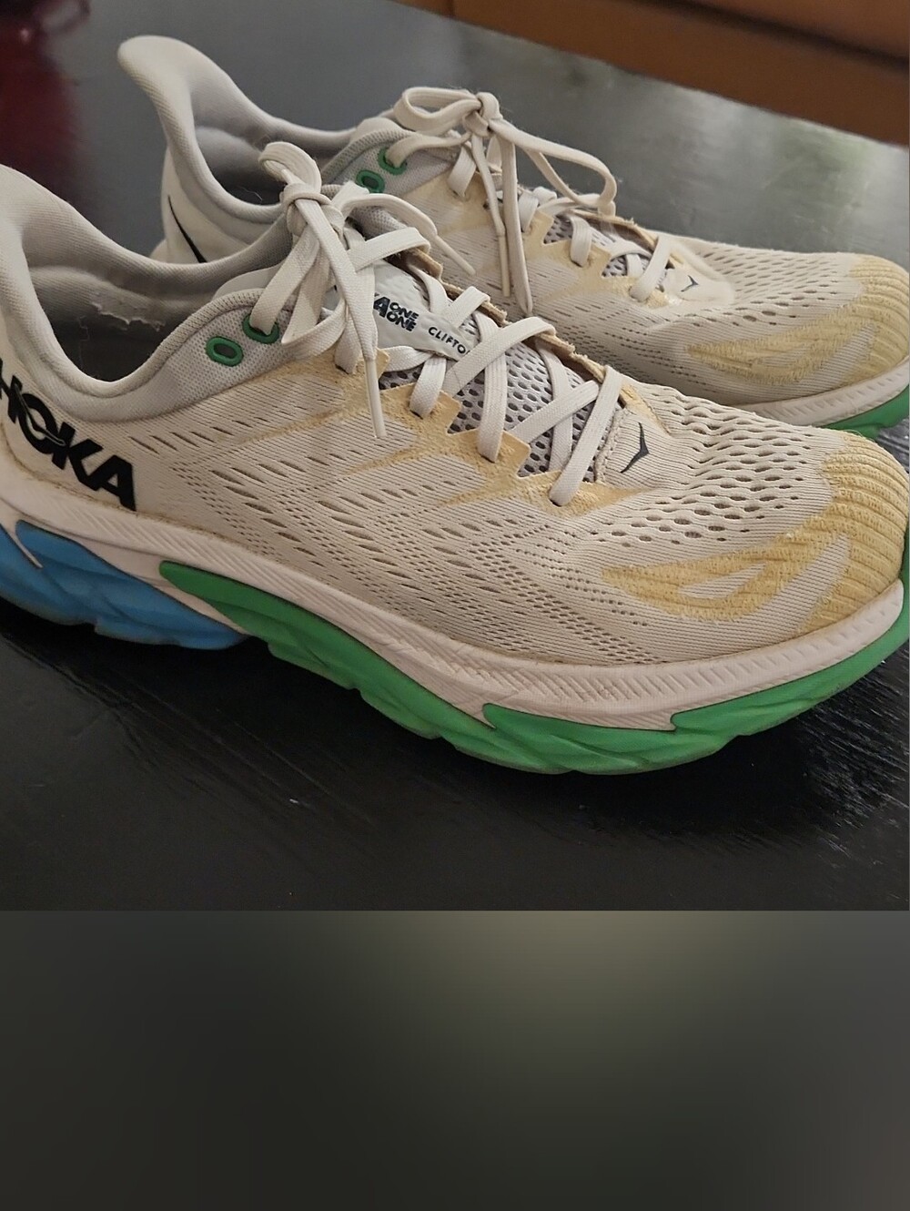 Hoka Women's Running Shoes in White with Green & Blue Accents